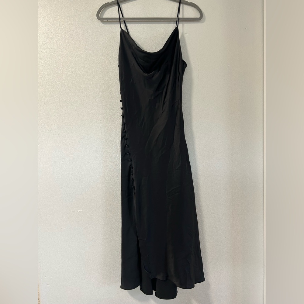 Zara Black Satin Camisole Draped Neck Button Detail Slip Midi Dress - Small